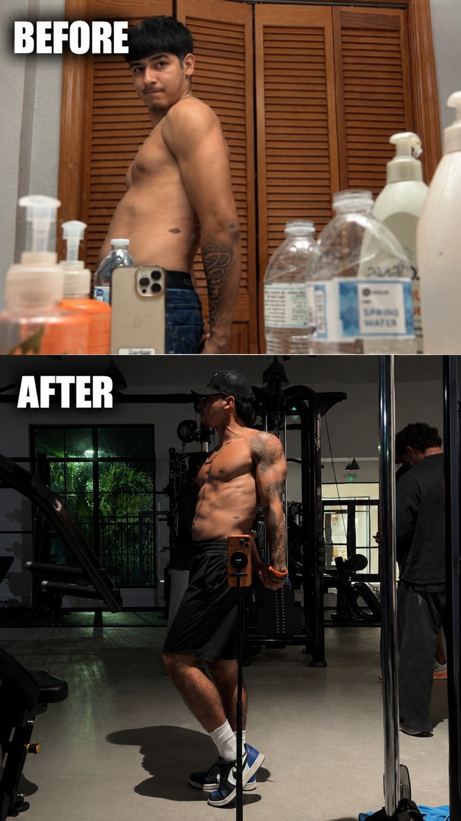 Andrew Contreras body transformation, before and after side profile